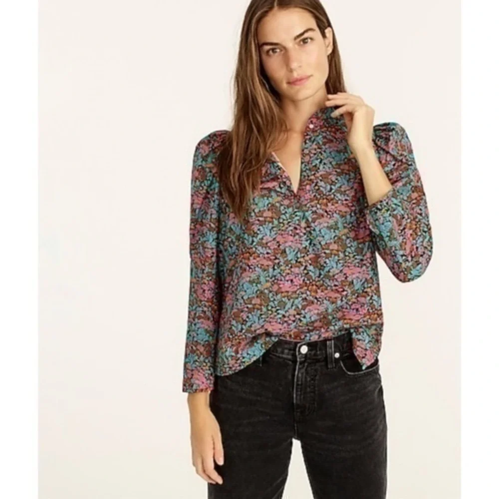 J.Crew Classic cotton Puff-sleeve top in Ratti® Red blooms